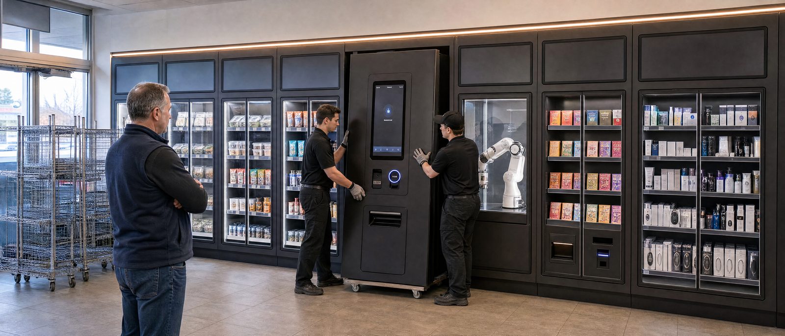 A Clerk crew installing a module inside a gas-station store